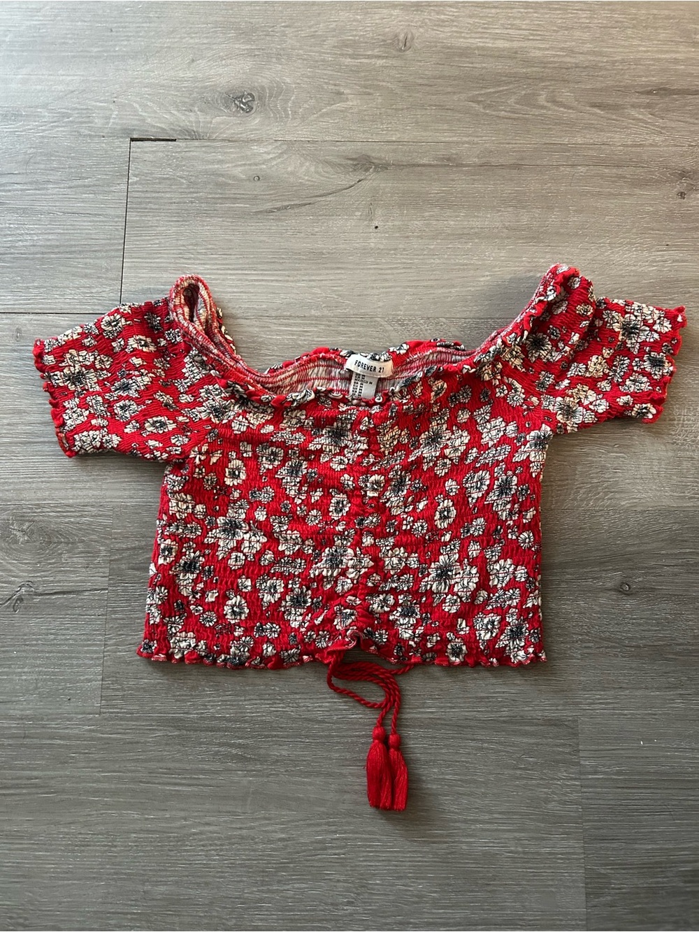 Forever 21 Red Floral Smocked Crop Top